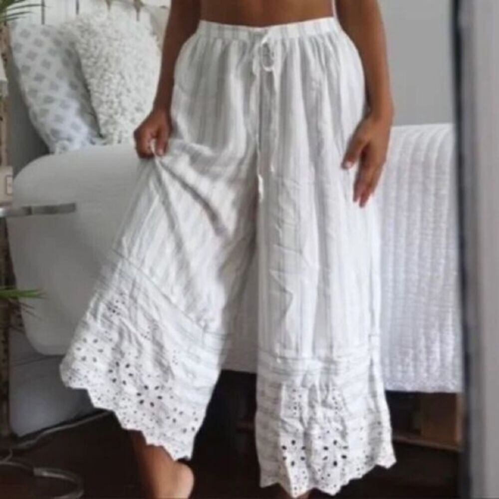 AMERICAN EAGLE‎ Wide Leg Cropped Embroidered Crochet Beach Pants Black Stripe XS